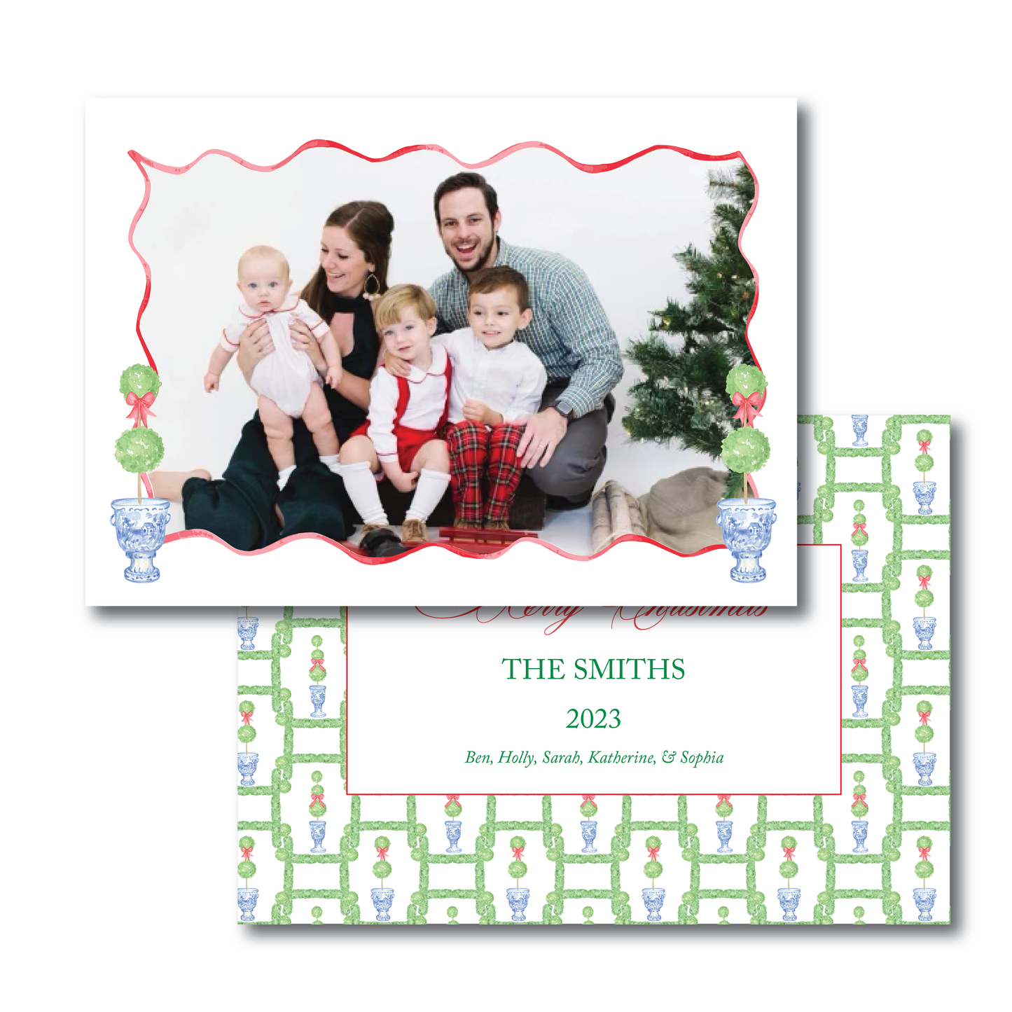 Landscape Red Frame Boxwood Topiary Holiday Card