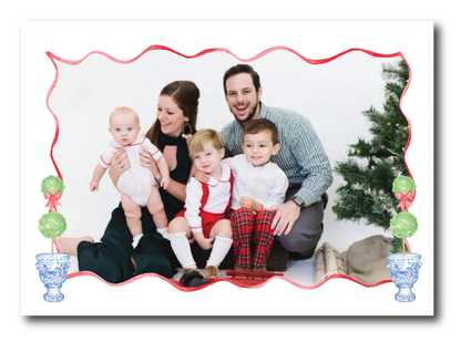 Landscape Red Frame Boxwood Topiary Holiday Card