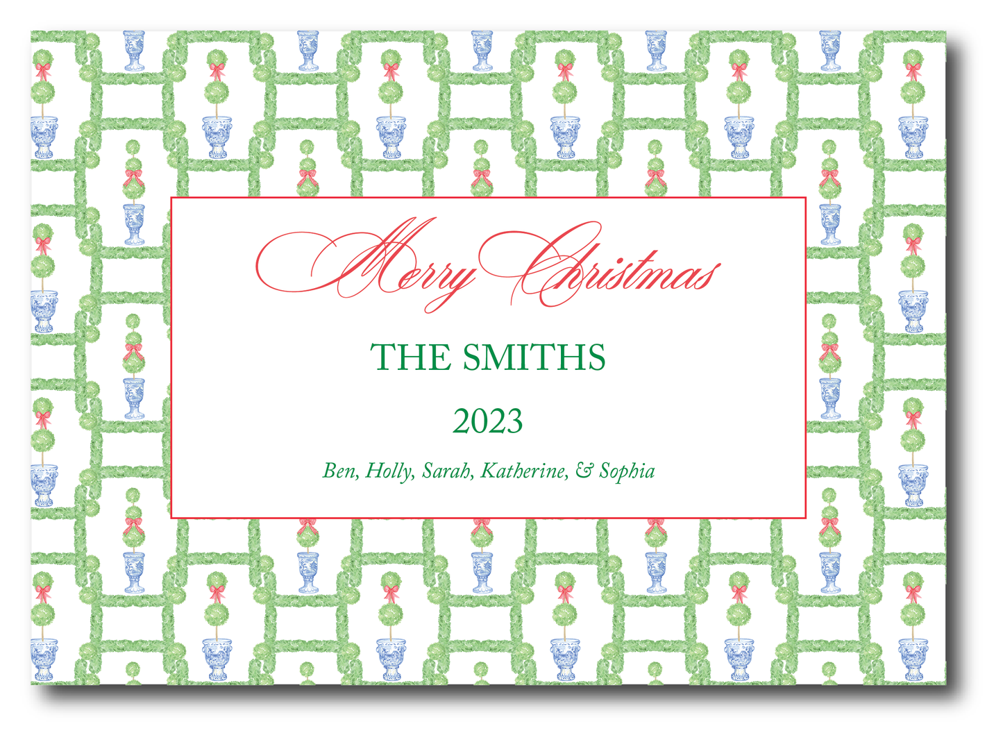 Landscape Red Frame Boxwood Topiary Holiday Card
