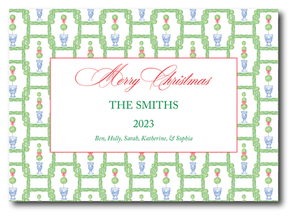 Landscape Red Frame Boxwood Topiary Holiday Card