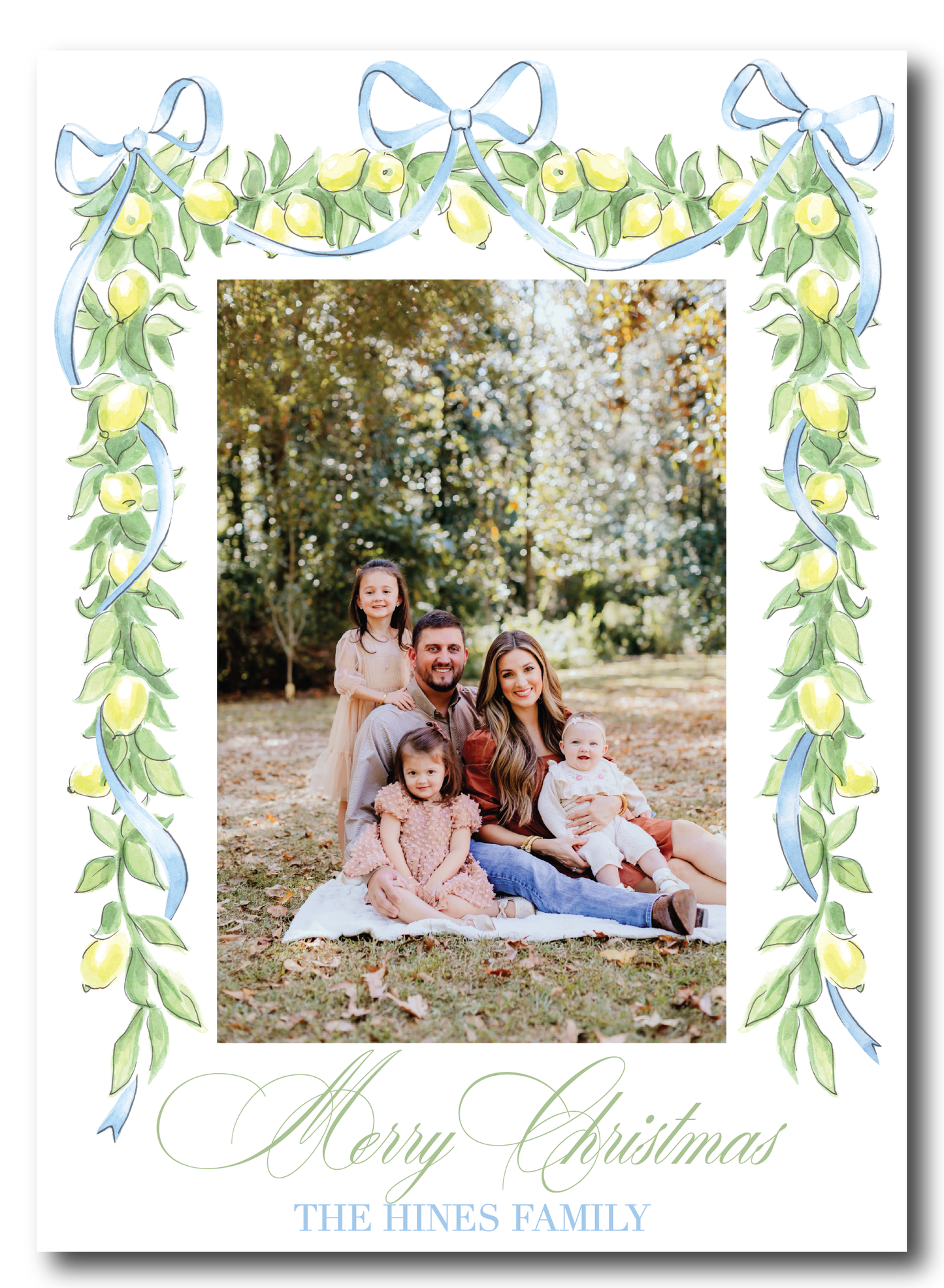 Blue Bow Lemon Garland Holiday Card