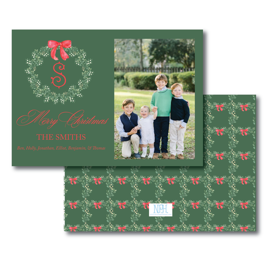 Landscape Green & White Wreath Holiday Card