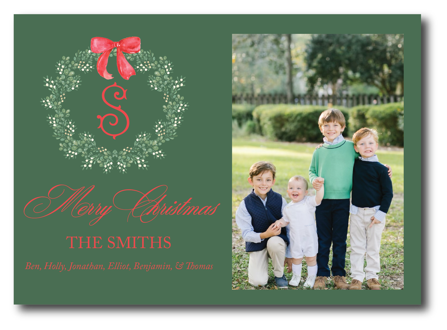 Landscape Green & White Wreath Holiday Card
