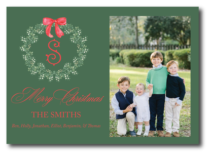Landscape Green & White Wreath Holiday Card