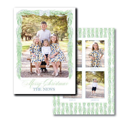 Blue Gingham Bow Garland Holiday Card