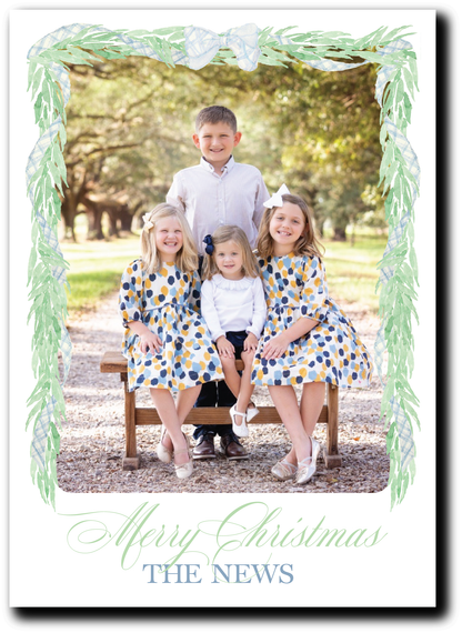 Blue Gingham Bow Garland Holiday Card