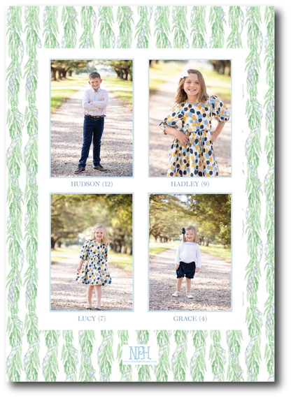 Blue Gingham Bow Garland Holiday Card