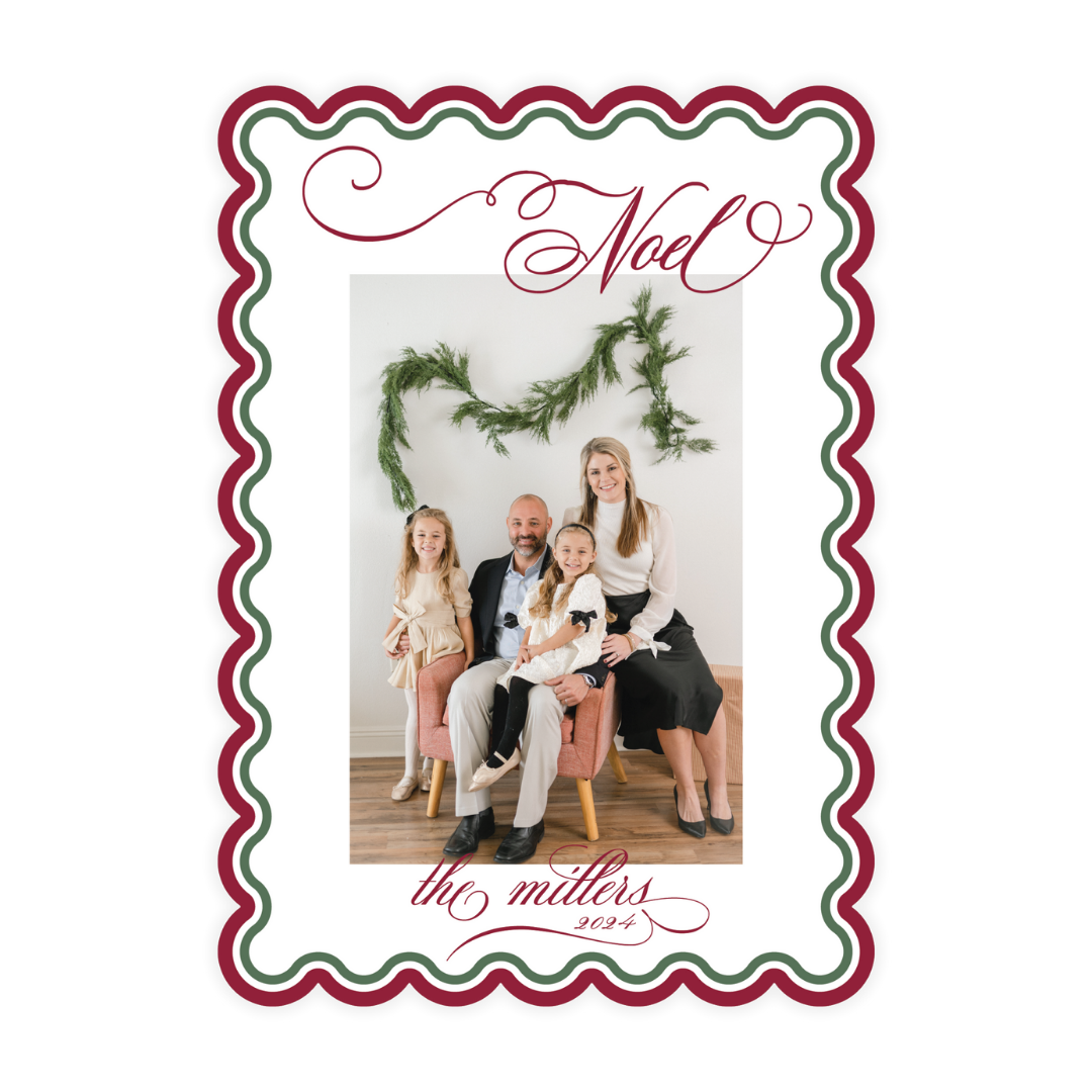 Noel Burgundy & Green Scallop Card