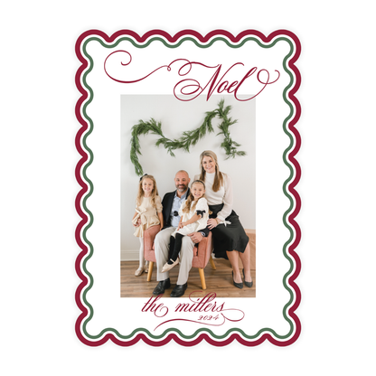 Noel Burgundy & Green Scallop Card