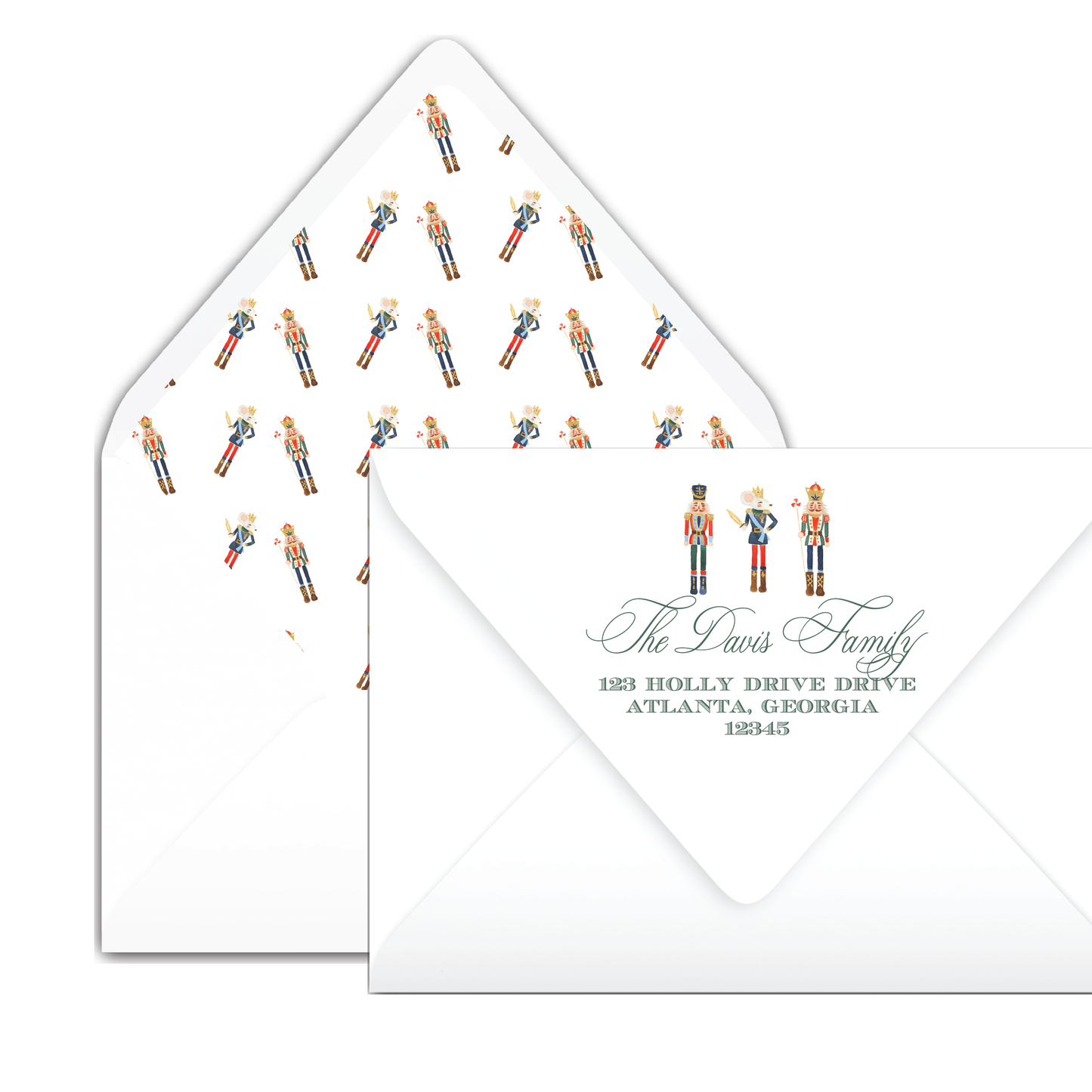 Nutcracker & Mouse Green Holiday Announcement Card