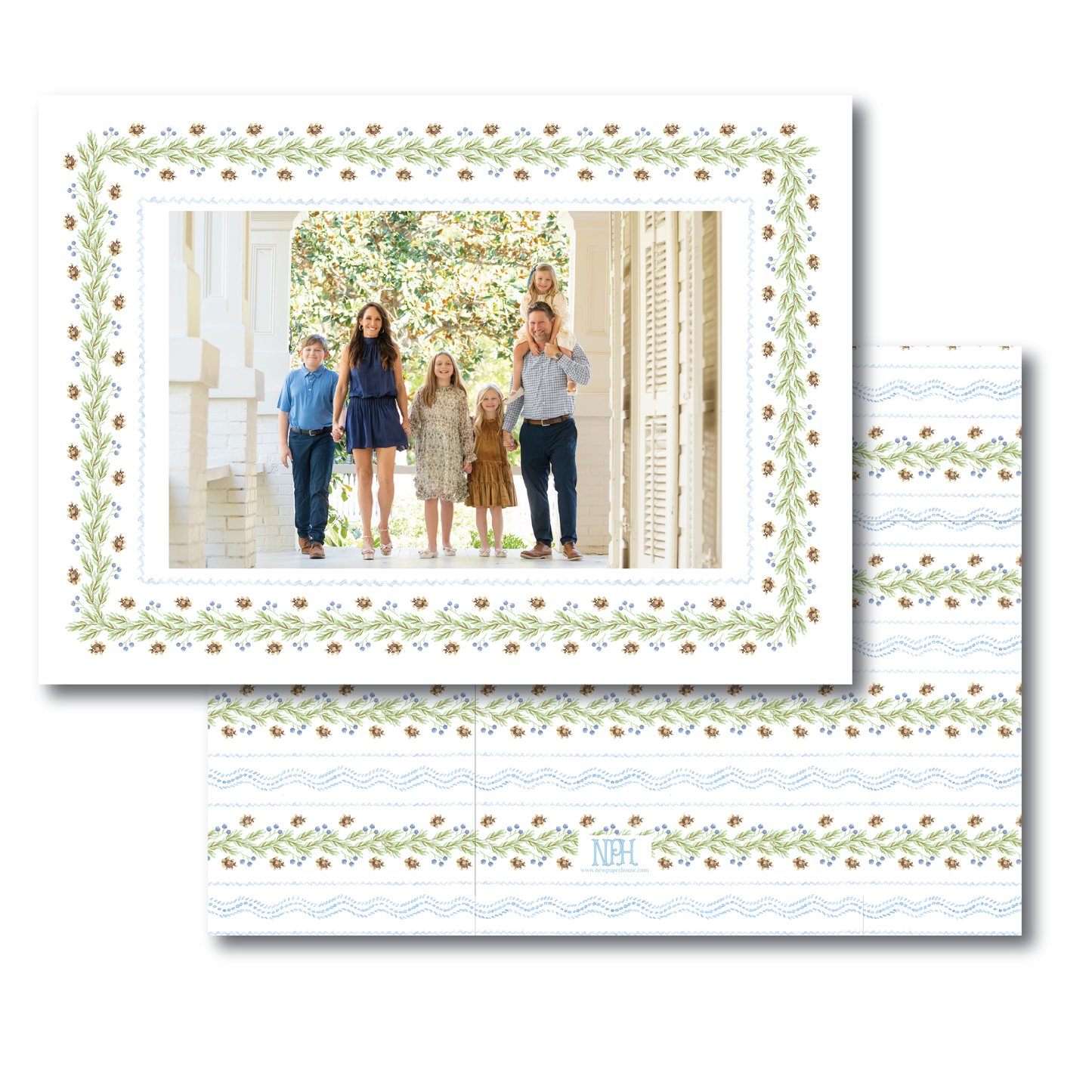 Landscape Pinecone Frame Blue Holiday Card