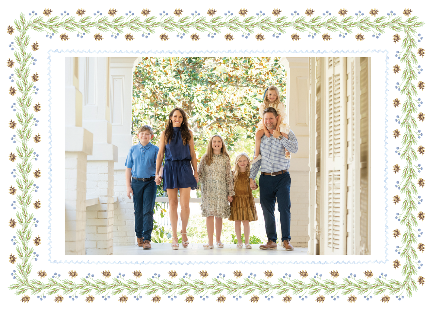 Landscape Pinecone Frame Blue Holiday Card