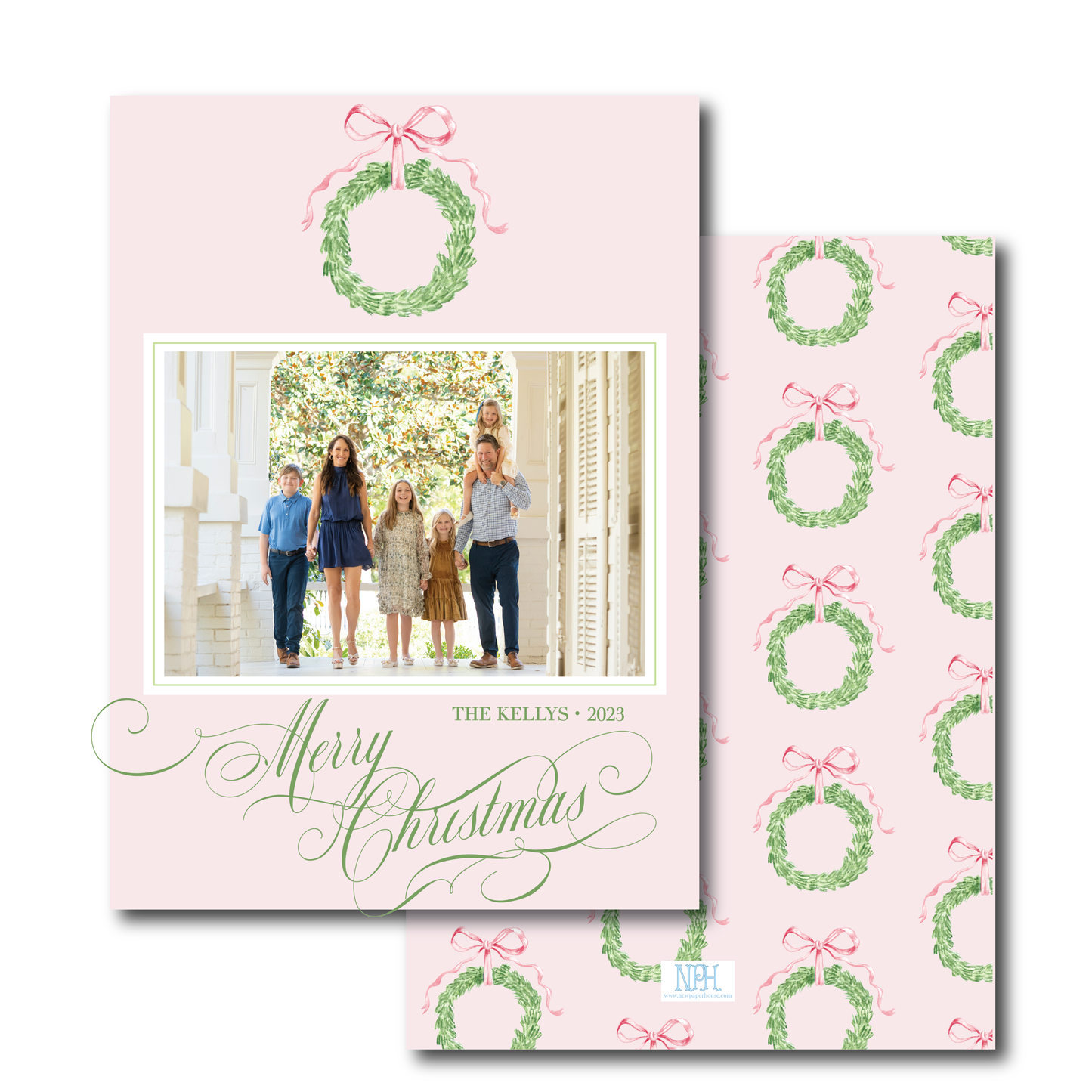 Pink/Red Bow Garland Wreath Holiday Card