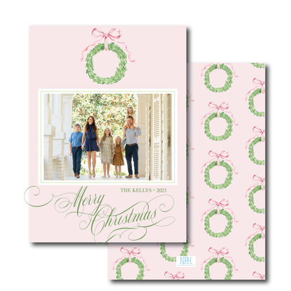 Pink/Red Bow Garland Wreath Holiday Card