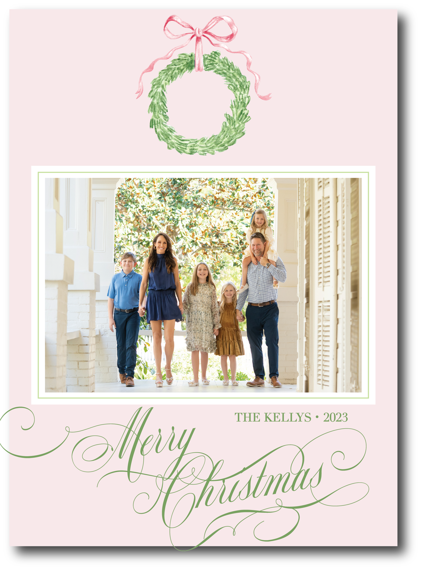 Pink/Red Bow Garland Wreath Holiday Card