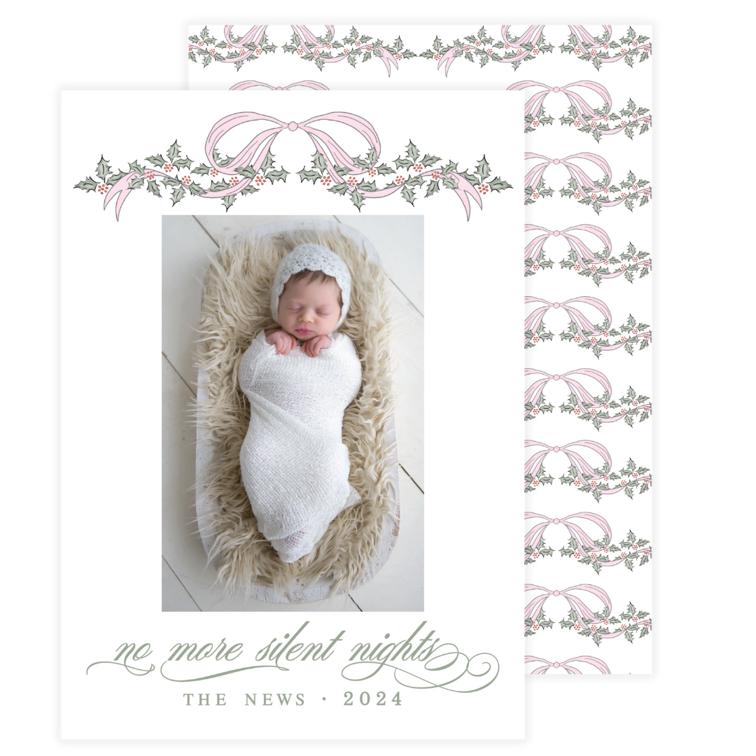 Pink Bow Holly Garland Holiday Card