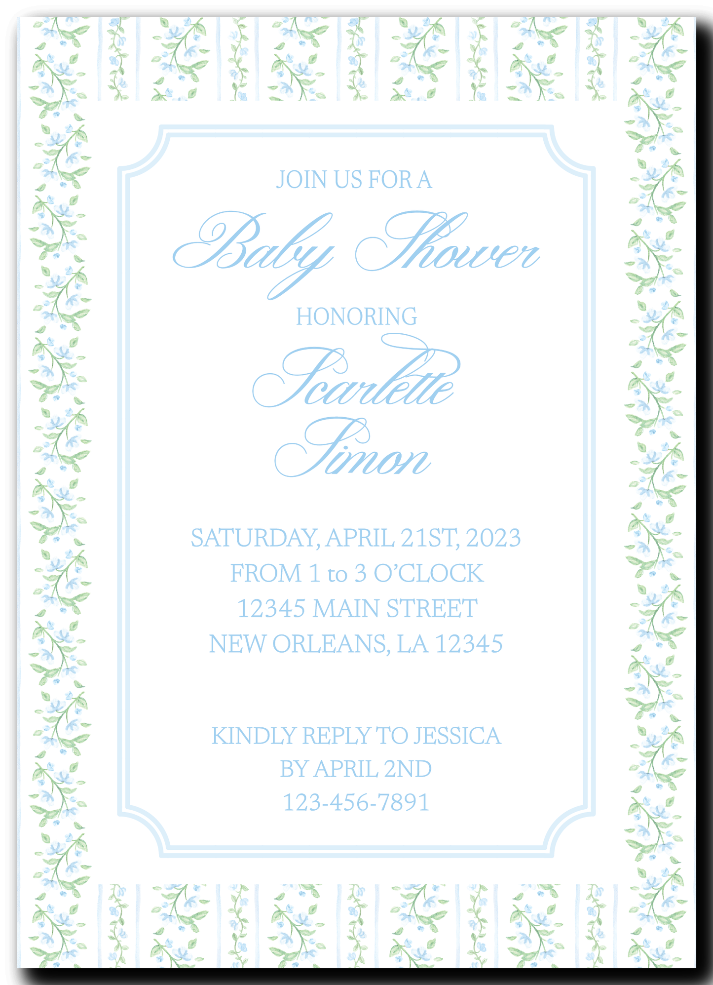Blue & Green Toile Baby Shower Invitation