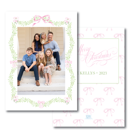 Pink Ornament Gingham Bow Garland Holiday Card