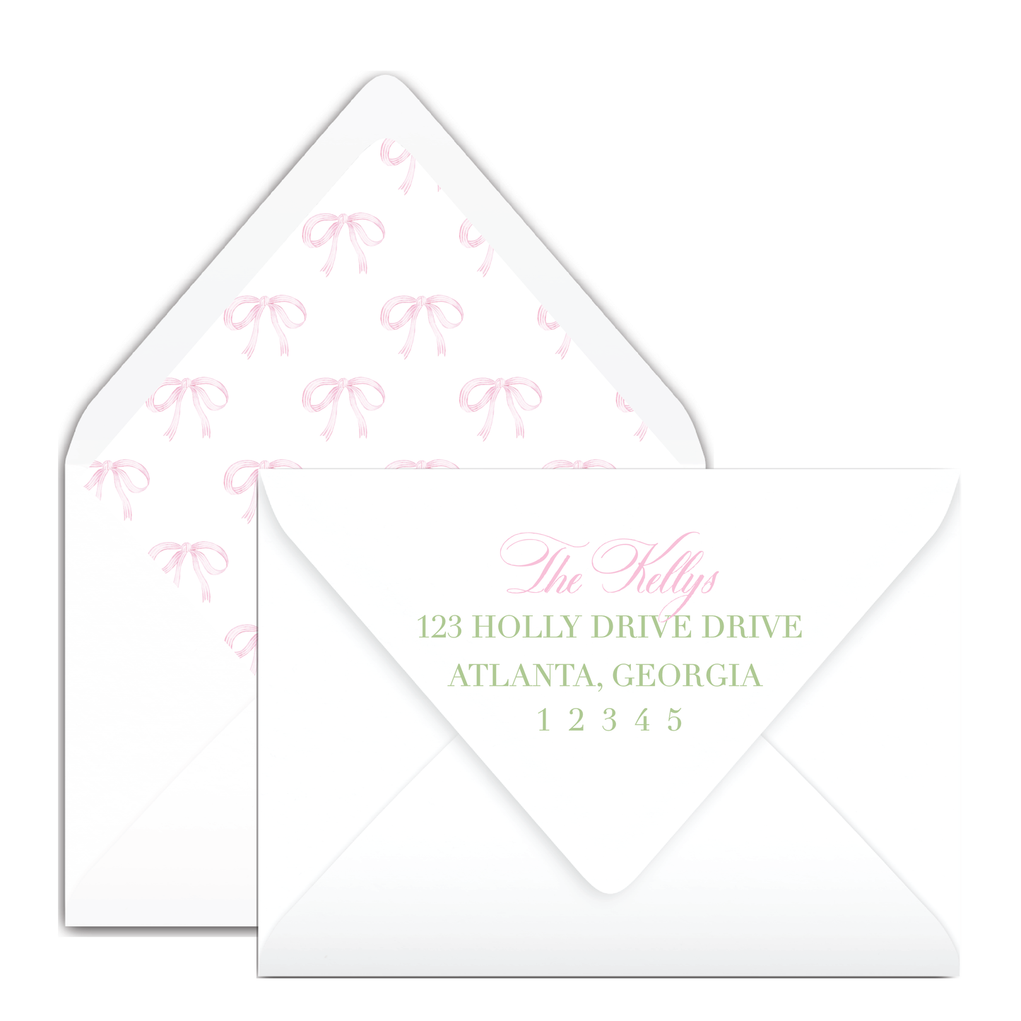 Pink Ornament Gingham Bow Garland Holiday Card