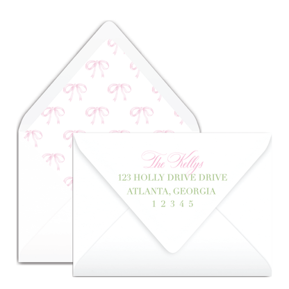 Pink Ornament Gingham Bow Garland Holiday Card