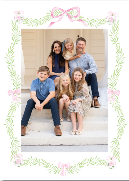 Pink Ornament Gingham Bow Garland Holiday Card