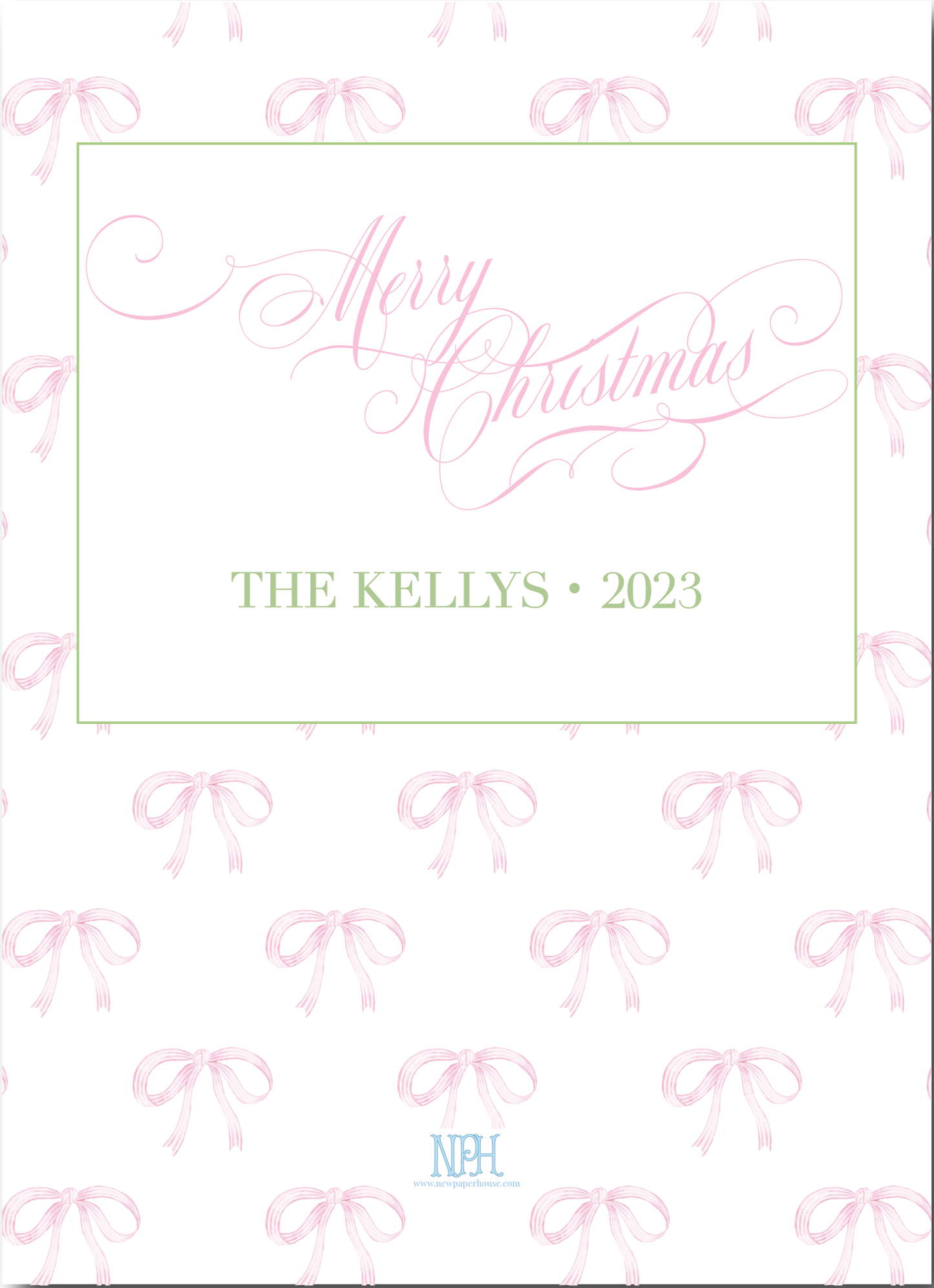Pink Ornament Gingham Bow Garland Holiday Card