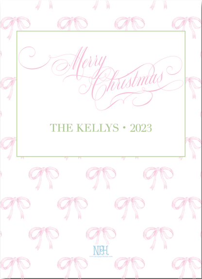 Pink Ornament Gingham Bow Garland Holiday Card