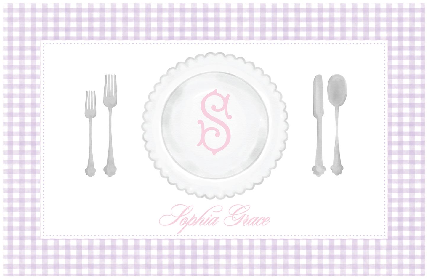 Purple Gingham Placemat Laminated Scallop Plate Monogram Personalized