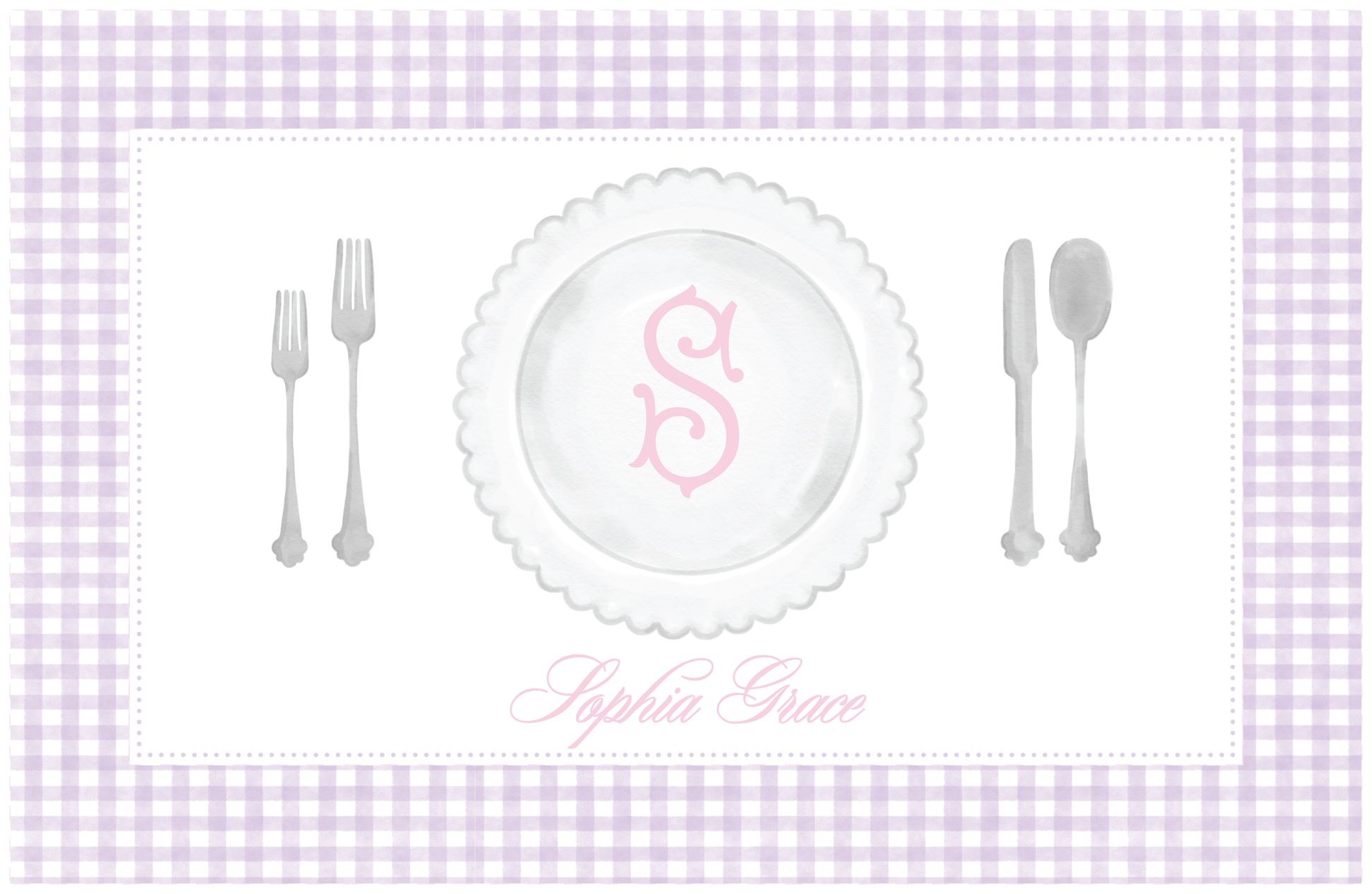 Purple Gingham Placemat Laminated Scallop Plate Monogram Personalized